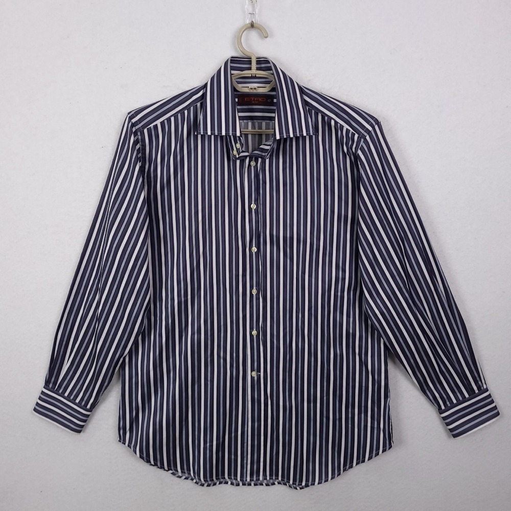 Etro Milano Striped Button Down Shirt Mens 42 Blue Grey Cotton Italy Luxury